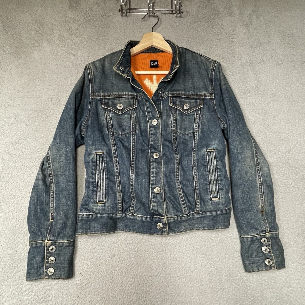 GAP Denim Jacket Women Medium Orange Lambswool Lined Wool Knit Utility Y2K